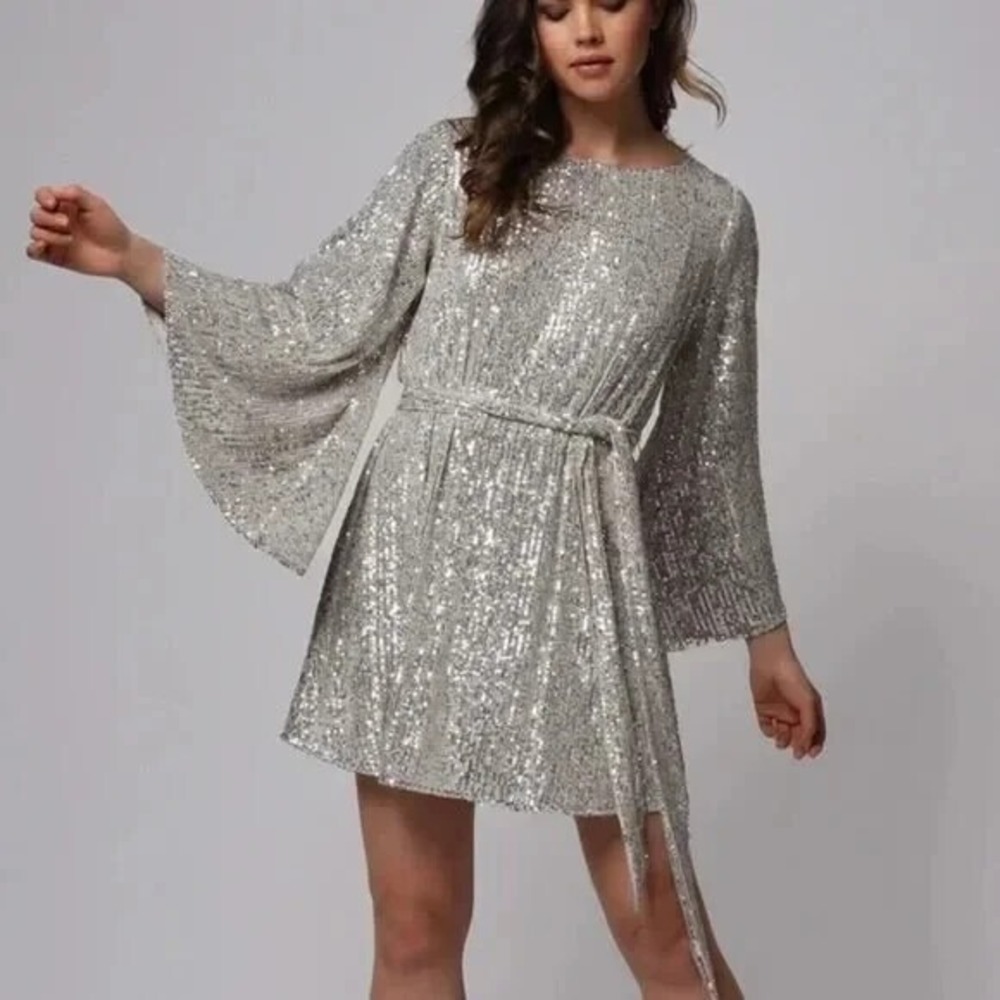 Jay Godfrey Sequin Mesh Bateau-Neck Flare-Sleeve Belted Mini Dress Sz 6